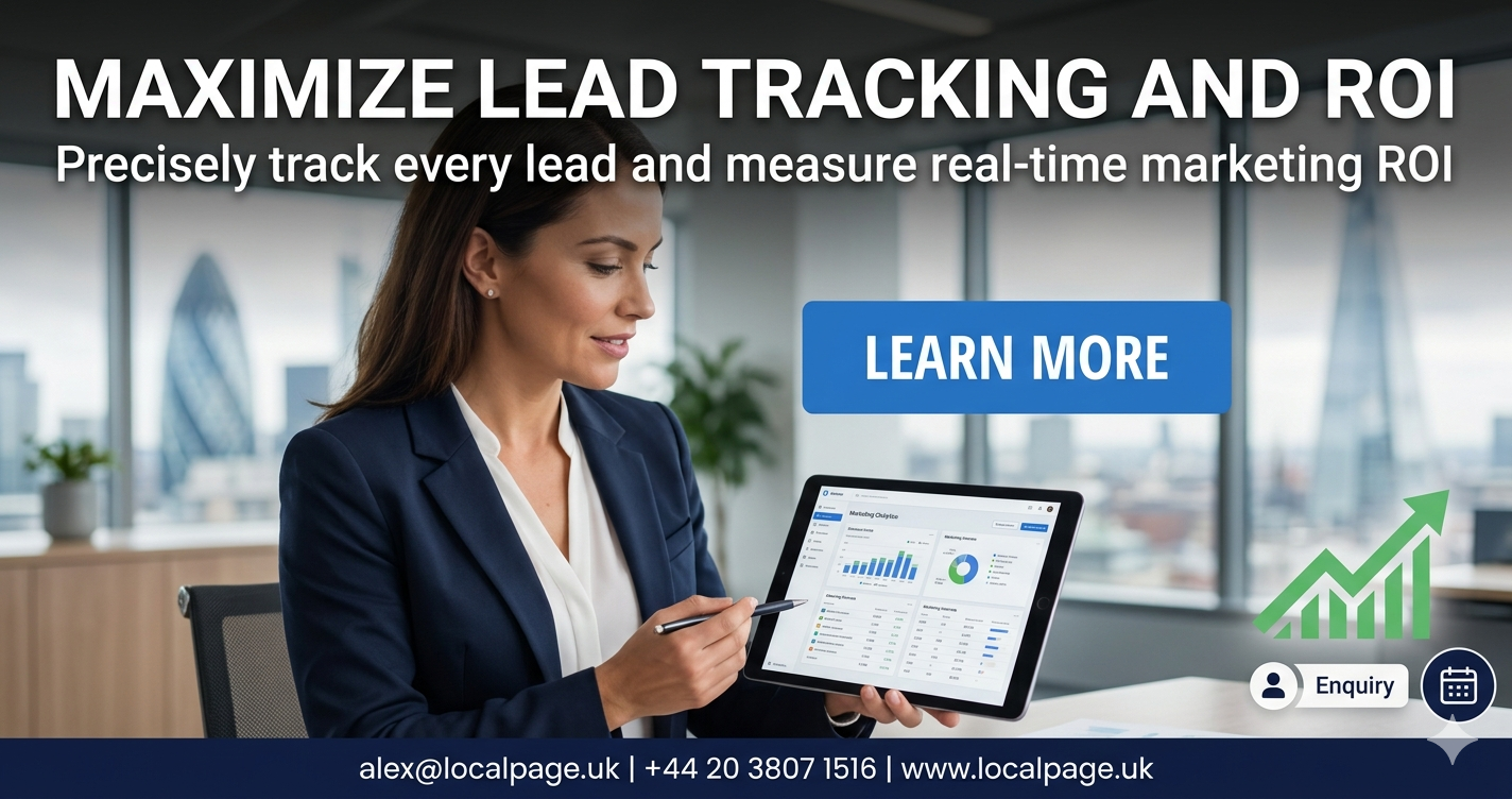 Professional business owner analyzing marketing data and graphs on a tablet in a modern office, showing lead growth.