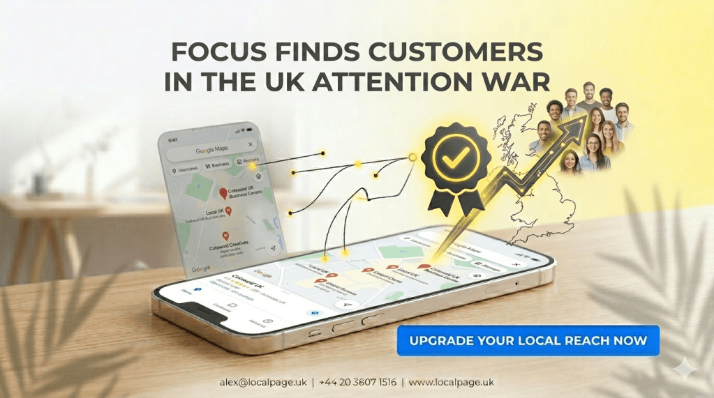 Hero image showing Google Maps advertising with glowing yellow accents location pin icon and blue CTA button