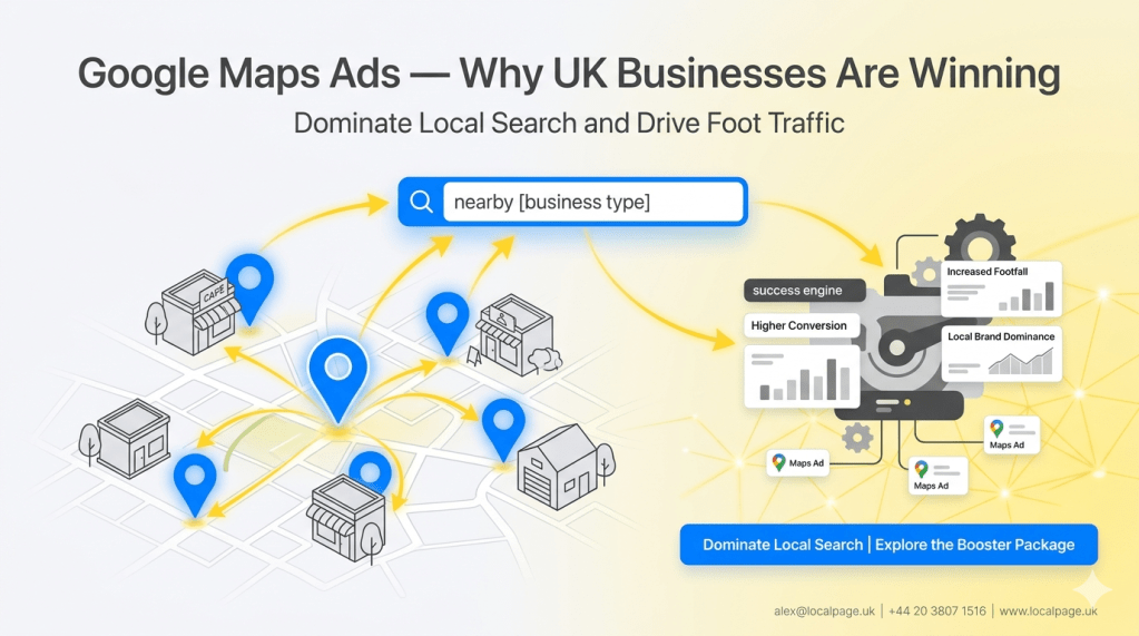 Social image showing Google Maps advertising with glowing yellow growth arrow location pin icon and green‑blue CTA button