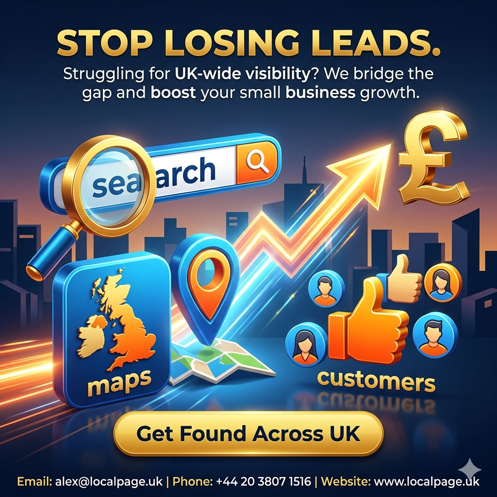 Eye-catching 3D graphic showing glowing icons for search, maps, and customers, illustrating UK small business growth and visibility for better lead generation.