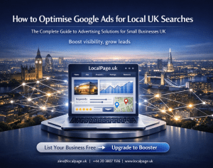 Minimalist Apple-style UK business growth social image promoting LocalPage.uk booster package for multi-city exposure.